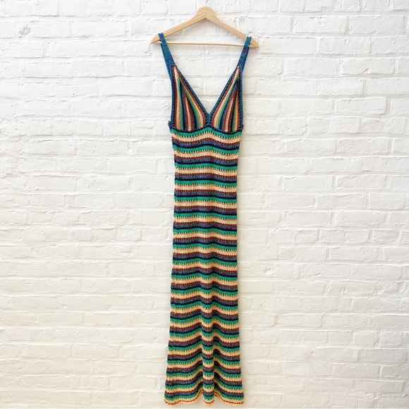 Zara || Striped Crochet Knit V-Neck Bloggers Favorite Dress Cotton Large - Picture 2 of 10